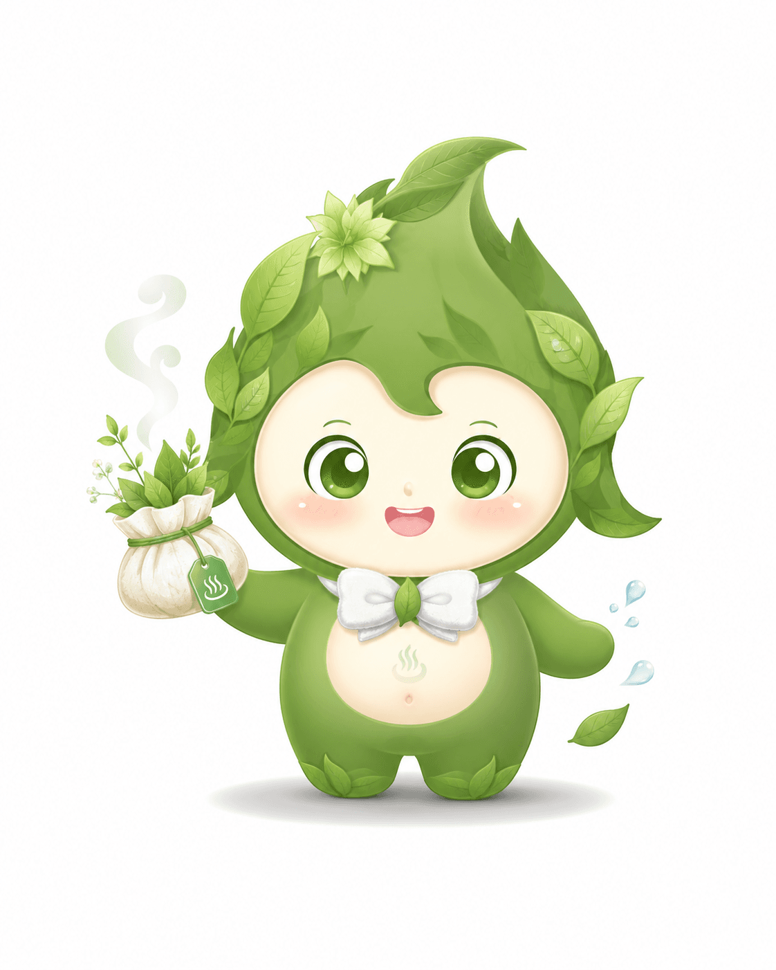 浴小主品牌吉祥物「小浴宝」——草本叶子精灵,手拎温热草本包
